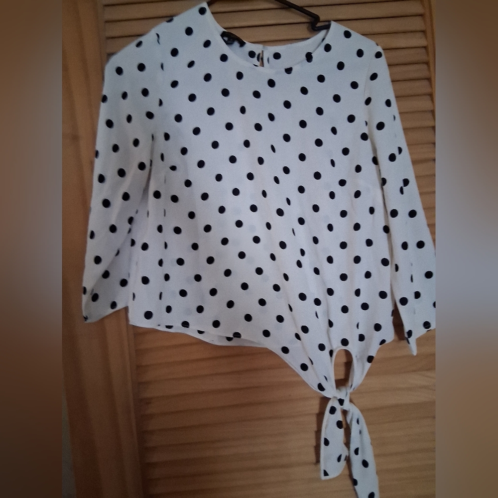 Talbots White Blouse with Black Polka Dots and Front Tie